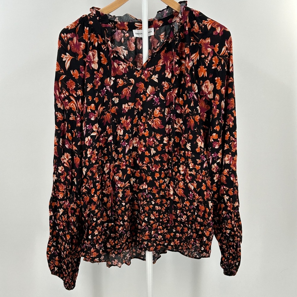 Gibson Latimer Spice Flower Floral Ruffle Blouse XXL‎ Black Orange long sleeve
